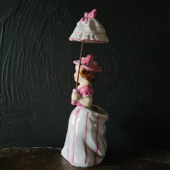 Vintage Ucago Girl with Umbrella Planter, Unique Vintage Planters - Picture 5 of 10